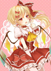 Rule 34 | 1girl, adapted costume, ascot, asymmetrical clothes, between legs, blonde hair, bow, corset, earrings, embellished costume, finger to mouth, flandre scarlet, frilled skirt, frills, hair bow, hand between legs, heart, heart-shaped pupils, highres, jewelry, open mouth, ougi hina, pink background, polka dot, polka dot background, red eyes, side ponytail, skirt, solo, symbol-shaped pupils, touhou, wings