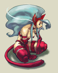 Rule 34 | 1girl, ahoge, alternate color, animal ears, animal hands, big hair, blue hair, capcom, cat ears, cat tail, felicia (vampire), fish, fur, mouth hold, red eyes, solo, tail, tsumujin, vampire (game)