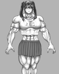 Rule 34 | 1girl, abs, black hair, breasts, extreme muscles, female focus, monochrome, muscular, navel, simple background, skirt, solo, tomioka aru, twintails
