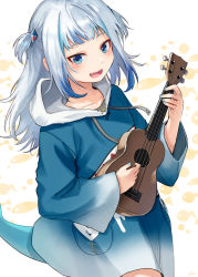 Rule 34 | 1girl, :d, artist name, bad id, bad pixiv id, blue eyes, blue hair, blue hoodie, blue nails, blush, collarbone, commentary, cowboy shot, drawstring, fins, fish, fish tail, gawr gura, hair ornament, highres, holding, holding instrument, hololive, hololive english, hood, hood down, hoodie, instrument, kuroki300, long hair, long hoodie, long sleeves, looking at viewer, making-of available, multicolored hair, music, nail polish, open mouth, playing instrument, shark hair ornament, shark tail, sharp teeth, signature, smile, solo, streaked hair, tail, teeth, two-tone hair, two side up, ukulele, virtual youtuber, white background, white hair