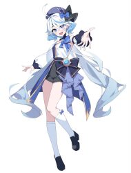 Rule 34 | 1girl, :d, ahoge, armpits, belt, black belt, black bow, black footwear, black ribbon, black shorts, blue bow, blue dress, blue gemstone, blue hair, blue hat, blush, bow, bow legwear, breasts, cleavage, colored inner hair, commentary, crotch outline, detached collar, detached sleeves, dress, fang, foreshortening, full body, furina (genshin impact), gem, genshin impact, hair between eyes, hair bow, hair ribbon, hashtag-only commentary, hat, head tilt, heterochromia, kneehighs, large bow, loafers, long hair, long sleeves, looking at viewer, looking to the side, mismatched pupils, multicolored clothes, multicolored dress, multicolored hair, open mouth, outstretched arms, parted bangs, puffy long sleeves, puffy sleeves, reaching, reaching towards viewer, ribbon, shoes, shorts, simple background, skin fang, small breasts, smile, socks, solo, spread fingers, standing, standing on one leg, strapless, strapless dress, streaked hair, suimz, tachi-e, thick eyelashes, thighs, three quarter view, very long hair, waist bow, white background, white dress, white hair, white sleeves, white socks