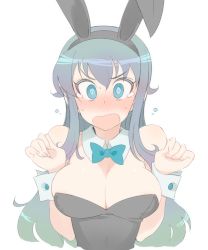 Rule 34 | 10s, 1girl, @ @, animal ears, areola slip, bare shoulders, blue eyes, blue hair, blush, bow, bowtie, breasts, cleavage, detached collar, embarrassed, fake animal ears, female focus, highres, kusanagi tonbo, large breasts, leotard, long hair, looking at viewer, matching hair/eyes, nose blush, open mouth, original, playboy bunny, rabbit ears, simple background, solo, tears, upper body, white background, wrist cuffs