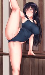 Rule 34 | 1girl, armpits, black hair, blue one-piece swimsuit, blush, braid, breasts, cameltoe, closed mouth, competition school swimsuit, den tsubaki (jack dempa), flexible, half-closed eyes, head tilt, highres, jack dempa, kneepits, large breasts, leg lift, leg up, long hair, looking at viewer, mole, mole under eye, one-piece swimsuit, original, school swimsuit, smile, solo, split, spread legs, standing, standing on one leg, standing split, sweat, swimsuit, thighs