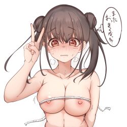 Rule 34 | 1girl, absurdres, blush, breasts, breath, brown hair, bust measuring, cleavage, collarbone, completely nude, double bun, hair bun, highres, hii (mzgu8388), idolmaster, idolmaster shiny colors, large breasts, looking at viewer, measuring, nipples, nose blush, nude, red eyes, simple background, solo, sonoda chiyoko, sweatdrop, tape measure, thought bubble, twintails, upper body, v, white background