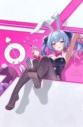 Rule 34 | 1girl, :q, absurdres, animal ears, arm up, armpits, black leotard, blue eyes, blue hair, blush, bow, bowtie, breasts, card, colored inner hair, detached collar, eiroyi, facial mark, fake animal ears, fishnet pantyhose, fishnets, from below, hair intakes, hair ribbon, hatsune miku, heart, heart-shaped pupils, highres, holding, holding syringe, holding with feet, large breasts, leotard, multicolored hair, multiple views, no shoes, pantyhose, pink hair, playing card, rabbit ears, rabbit hole (vocaloid), red bow, red bowtie, red nails, ribbon, simple background, sitting, symbol-shaped pupils, syringe, tongue, tongue out, translation request, twintails, vocaloid