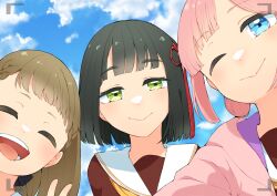 3girls :d ;) ^_^ absurdres anyoji_hime black_hair blue_eyes blue_sky blunt_bangs blunt_ends braid brown_dress brown_hair center-flap_bangs closed_eyes closed_mouth cloud commentary day dress facing_viewer flower flower_knot green_eyes hair_flower hair_ornament hasu_no_sora_school_uniform highres hood hood_down hooded_jacket jacket kachimachi_kosuzu link!_like!_love_live! long_hair long_sleeves looking_at_viewer love_live! mendo_(mend0o0_) momose_ginko multi-tied_hair multiple_girls neckerchief one_eye_closed open_clothes open_jacket open_mouth pink_hair pink_jacket ponytail portrait sailor_collar sailor_dress school_uniform selfie short_hair side_braids sidelocks sky smile swept_bangs teeth tongue viewfinder virtual_youtuber white_sailor_collar winter_uniform yellow_neckerchief