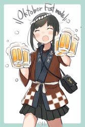 Rule 34 | 1girl, alcohol, beer, beer mug, black skirt, blue shirt, blush, brown hair, commentary request, cup, english text, closed eyes, fubuki (kancolle), happi, highres, holding, jacket, japanese clothes, kantai collection, low ponytail, ma rukan, mug, open mouth, red jacket, shirt, short hair, sidelocks, skirt, smile, solo