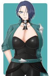 Rule 34 | 1girl, axel persona, belt, blue eyes, blue hair, breasts, choker, cleavage, corset, female focus, fire emblem, fire emblem: three houses, highres, huge breasts, looking at viewer, matching hair/eyes, nintendo, shamir nevrand, short hair, simple background, solo