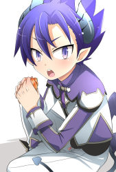 Rule 34 | 1boy, blue hair, blush, demon boy, demon tail, demon wings, food, horns, low wings, male focus, mini wings, open mouth, pocchipocchi, pointy ears, pop-up story, purple eyes, simple background, solo, tail, white background, wings, ziz glover