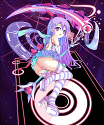 Rule 34 | 1girl, ass, bare shoulders, between legs, dress, fang, hair ornament, hairclip, high heels, highres, long hair, magical girl, open mouth, original, panties, power symbol, purple eyes, purple hair, scythe, sseopik, striped clothes, striped thighhighs, tattoo, thighhighs, underwear, weapon