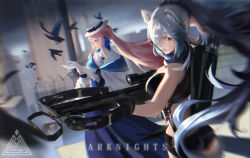 Rule 34 | 2girls, absurdres, animal ears, arknights, bare shoulders, bird, black bow, black scarf, black shorts, blue dress, blue feathers, blurry, bow, bow (weapon), breasts, building, cat ears, ceylon (arknights), commentary request, copyright name, crop top, crossbow, dress, feather hair, feathers, gloves, hat, hat bow, highres, holding, holding bow (weapon), holding crossbow, holding weapon, large breasts, long hair, long sleeves, looking at viewer, midriff, multiple girls, outdoors, pink hair, ponytail, quiver, r1zen, scarf, schwarz (arknights), shirt, short shorts, shorts, sidelocks, silver hair, weapon, white gloves, white headwear, white shirt, yellow eyes