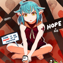 Rule 34 | 1girl, bandaid, barefoot, blue hair, english text, fate/grand order, fate (series), feet, full body, hope (fate), indian style, pointy ears, sitting, soles, speech bubble, srgrafo, toes, yellow eyes