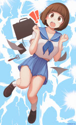 Rule 34 | 1girl, :d, absurdres, artist name, bad id, bad pixiv id, blue sailor collar, blue skirt, blunt bangs, blush, bob cut, brown eyes, brown footwear, brown hair, clenched hands, collarbone, full body, hands up, highres, kill la kill, loafers, looking at viewer, mankanshoku mako, miniskirt, neckerchief, once 11h, open mouth, paper, pleated skirt, round teeth, sailor collar, school uniform, scissors, serafuku, shirt, shoes, short hair, short sleeves, skirt, smile, socks, solo, suitcase, teeth, white shirt, white socks