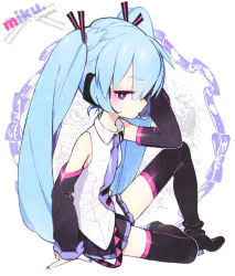 Rule 34 | + +, 1girl, aqua hair, character name, detached sleeves, female focus, from side, full body, half-closed eyes, hatsune miku, long hair, necktie, purple eyes, sitting, solo, thighhighs, twintails, uchako, very long hair, vocaloid, white background, zettai ryouiki