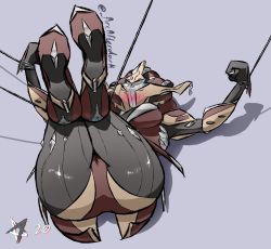 Rule 34 | 1girl, arcafterdark, ass, ass focus, bdsm, blush, bondage, bound, bound knees, breasts, clenched hands, heels, highres, khora (warframe), legs folded, legs together, lying, on back, signature, simple background, solo, warframe