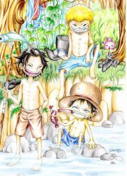 Rule 34 | 3boys, black hair, blonde hair, brothers, crab, fish, fishing, freckles, hand on own hip, hat, male focus, monkey d. luffy, multiple boys, one piece, portgas d. ace, river, sabo (one piece), topless male, siblings, spear fishing, straw hat, top hat, water, aged down