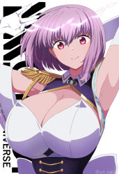 Rule 34 | 1girl, armpits, arms up, breasts, cleavage, closed mouth, collared shirt, commentary request, copyright name, detached sleeves, epaulettes, framed breasts, gloves, gridman universe, gridman universe (film), halo, highres, kairi (fotune), large breasts, looking at viewer, purple eyes, purple hair, purple shirt, salute, shinjou akane, shirt, short hair, sidelocks, sleeveless, sleeveless shirt, smile, solo, spoilers, ssss.gridman, twitter username, upper body, vulcan salute, white gloves