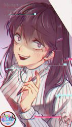 Rule 34 | 1girl, :d, absurdres, artist name, blood, bloody tears, blush, chromatic aberration, commentary, constricted pupils, copyright name, crazy eyes, doki doki literature club, english commentary, glitch, hair between eyes, hair ornament, hairclip, highres, holding, holding pen, huge filesize, long hair, looking at viewer, moriartea-chan, open mouth, pen, purple eyes, purple hair, ribbed sweater, scar, scar on arm, self-harm, smile, solo, spoilers, sweater, upper body, white sweater, yuri (doki doki literature club)