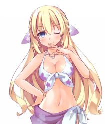 Rule 34 | 1girl, bikini, blonde hair, blue eyes, blush, breasts, cleavage, hand on own face, himajin (starmine), jewelry, long hair, looking at viewer, medium breasts, navel, necklace, neptune (series), one eye closed, simple background, smile, solo, swimsuit, vert (neptunia), very long hair, white background