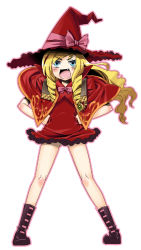 Rule 34 | 1girl, :d, ankle boots, atlus, bad id, bad pixiv id, boots, bow, brown footwear, cross-laced footwear, doctor magus, dress, drill hair, etrian odyssey, gengorou, hat, long hair, long sleeves, open mouth, pigeon-toed, pink bow, red dress, sidelocks, smile, solo, twin drills, wavy mouth, wide sleeves, witch hat