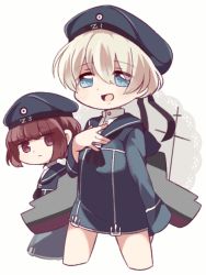 Rule 34 | 10s, 2girls, bad id, bad pixiv id, blue eyes, brown hair, chikin maru, clothes writing, cropped legs, hand on own chest, hat, kantai collection, long sleeves, multiple girls, neckerchief, open mouth, purple eyes, sailor collar, sailor hat, short hair, silver hair, simple background, smile, white background, z1 leberecht maass (kancolle), z3 max schultz (kancolle)