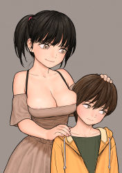 Rule 34 | 1boy, 1girl, age difference, areola slip, bare shoulders, black hair, bra strap, breasts, brother and sister, brown dress, brown eyes, brown hair, brown shirt, cleavage, closed mouth, collarbone, commentary request, cowboy shot, dress, facing viewer, grey background, hair between eyes, hand on another&#039;s head, hand on another&#039;s shoulder, head tilt, height difference, hetero, highres, hood, hood down, hooded jacket, jacket, looking at another, looking to the side, medium breasts, off-shoulder dress, off shoulder, onee-shota, open clothes, open jacket, original, partial commentary, ponytail, rustle, shirt, short hair, short ponytail, short sleeves, siblings, sideways glance, simple background, smile, upper body, yellow jacket