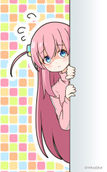 Rule 34 | 1girl, blue eyes, bocchi the rock!, closed mouth, commentary request, cube hair ornament, flying sweatdrops, gotoh hitori, hair between eyes, hair ornament, hands up, highres, jacket, long hair, long sleeves, looking at viewer, mitya, peeking out, pink hair, pink jacket, shaded face, solo, track jacket, twitter username, upper body, very long hair, wavy hair