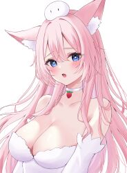 Rule 34 | 1girl, absurdres, animal ear fluff, animal ears, blue eyes, blush, breasts, bright pupils, choker, cleavage, commission, fox ears, heart, heart-shaped pupils, highres, indie virtual youtuber, large breasts, long hair, mochiimochii (vtuber), open mouth, pink hair, skeb commission, solo, suineco, symbol-shaped pupils, very long hair, virtual youtuber, white choker, white pupils