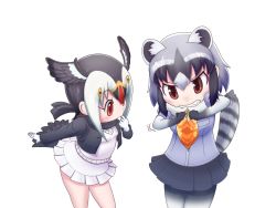 Rule 34 | 10s, 2girls, animal ears, atlantic puffin (kemono friends), bad hands, bare legs, bird tail, bird wings, black hair, blonde hair, blush, breast pocket, chips (food), clenched teeth, common raccoon (kemono friends), elbow gloves, extra ears, finger in own mouth, food, fur collar, gloves, grey hair, head wings, jacket, japari chips, kemono friends, mugisepa, multicolored hair, multiple girls, necktie, pantyhose, pleated skirt, pocket, poorly drawn, puffy short sleeves, puffy sleeves, raccoon ears, raccoon tail, red hair, scarf, short hair, short sleeves, skirt, struggling, sweater, tail, teeth, white hair, wings
