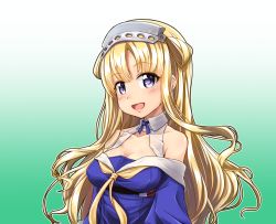 Rule 34 | 1girl, blonde hair, blue shirt, breasts, cleavage, double bun, fletcher (kancolle), gradient background, green background, hair between eyes, hair bun, hairband, kantai collection, kyou (tr-6), large breasts, long hair, looking at viewer, neckerchief, off shoulder, open mouth, purple eyes, sailor collar, school uniform, serafuku, shirt, smile, solo, upper body, white sailor collar, yellow neckerchief