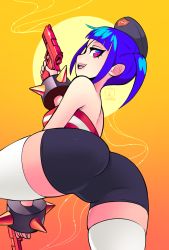 Rule 34 | 1girl, absurdres, armband, artist logo, artist name, ass, ass focus, bare arms, bare shoulders, bike shorts, blue eyes, blue hair, bracelet, dual wielding, eyepatch, from behind, from below, fushark, gradient background, gun, handgun, hat, highres, holding, jewelry, looking at viewer, looking back, multicolored eyes, no bra, open mouth, orange background, original, pants, pistol, red eyes, shorts, sidelocks, simple background, skindentation, solo, spiked bracelet, spikes, teeth, thighhighs, tight clothes, tight pants, tongue, twintails, weapon, white thighhighs, yellow background