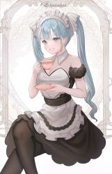 Rule 34 | 1girl, absurdres, apron, aqua eyes, aqua hair, breasts, cleavage, cup, elnovaline, hatsune miku, highres, holding, holding cup, large breasts, maid, maid apron, maid headdress, pantyhose, sitting, solo, twintails, vocaloid