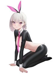 Rule 34 | 1girl, all fours, animal ears, black footwear, black hairband, black pantyhose, blush, breasts, closed mouth, collar, fake animal ears, full body, hairband, high heels, highres, kuen (kuennn12), leotard, long sleeves, looking at viewer, meme attire, nail polish, necktie, ohisashiburi (style), original, pantyhose, pink eyes, pink nails, pink necktie, playboy bunny, rabbit ears, rabbit tail, reverse bunnysuit, reverse outfit, short hair, shrug (clothing), simple background, small breasts, solo, tail, topless, white background, white hair