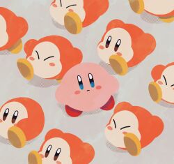 Rule 34 | blush stickers, closed eyes, colored skin, commentary request, grey background, kirby, kirby (series), looking at viewer, ni re, nintendo, no humans, odd one out, pink skin, sitting, solid oval eyes, waddle dee