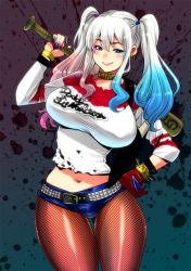 Rule 34 | 10s, 1girl, bat (animal), blue hair, blush, breasts, cosplay, dc comics, gradient hair, harley quinn, harley quinn (cosplay), huge breasts, kantai collection, kashima (kancolle), long hair, looking at viewer, midriff, multicolored hair, navel, pantyhose, perepere-kun, pink hair, purple eyes, shorts, smile, solo, suicide squad, twintails, white hair