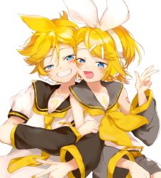 Rule 34 | 1boy, 1girl, arm warmers, bare shoulders, bass clef, black collar, black sleeves, blonde hair, blue eyes, blush, bow, brother and sister, collar, commentary, english commentary, fang, grin, hair bow, hair ornament, hairclip, half-closed eyes, hand up, headphones, headset, kagamine len, kagamine rin, locked arms, looking at viewer, nail polish, neckerchief, necktie, open mouth, oyamada gamata, sailor collar, school uniform, shirt, short hair, short shorts, shorts, shoulder tattoo, siblings, sleeveless, sleeveless shirt, smile, spiked hair, swept bangs, tattoo, treble clef, twins, upper body, vocaloid, w, white background, white bow, white shirt, yellow nails, yellow neckerchief