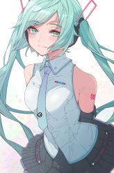 Rule 34 | 1girl, aqua eyes, aqua hair, aqua necktie, arms behind back, bare shoulders, black skirt, blush, breasts, closed mouth, collared shirt, commentary, detached sleeves, goten (510gensoku), hatsune miku, hatsune miku (vocaloid4), headphones, highres, leaning forward, long hair, medium breasts, miniskirt, necktie, pleated skirt, shirt, skirt, sleeveless, sleeveless shirt, smile, solo, standing, swept bangs, tattoo, twintails, upper body, vocaloid