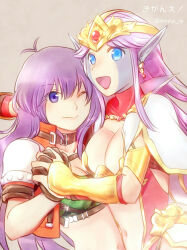 Rule 34 | 2girls, blue eyes, breasts, closed mouth, earrings, esper (saga), facial mark, holding hands, human (saga), jewelry, long hair, looking at viewer, medium breasts, multiple girls, natsuki megumi, open mouth, pointy ears, purple eyes, purple hair, saga, saga 1, simple background, smile