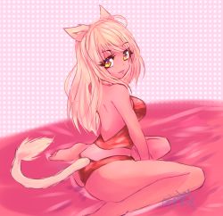 Rule 34 | 1girl, animal ears, artist name, bare back, between legs, blonde hair, eyelashes, female focus, hand between legs, highres, lion ears, lion tail, lips, lipstick, long hair, looking at viewer, looking back, makeup, multicolored eyes, original, pink lips, polka dot, polka dot background, purple eyes, red eyes, signature, simple background, sitting, slit pupils, soles, solo, straight hair, tail, tinyqote, wariza, yellow eyes