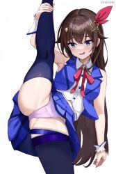 Rule 34 | 1girl, armpits, blue eyes, blue skirt, blue thighhighs, blue vest, bow, bowtie, breasts, brown hair, challrote, collared shirt, cropped shirt, cropped vest, detached sleeves, diamond hair ornament, hair between eyes, hair flaps, hair ornament, hairclip, hololive, kneepits, leg ribbon, long hair, looking at viewer, medium breasts, open mouth, panties, pink bow, pink bowtie, pink panties, purple eyes, ribbon, shirt, simple background, skirt, sleeveless, smile, split, standing, standing on one leg, standing split, star (symbol), star hair ornament, thigh ribbon, thighhighs, tokino sora, tokino sora (1st costume), tongue, tongue out, underwear, vest, virtual youtuber, white background, white shirt