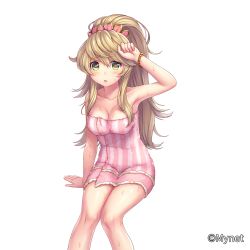 Rule 34 | 1girl, armpits, bare shoulders, blush, bracelet, breasts, cleavage, collarbone, green eyes, hand up, highres, invisible chair, jewelry, light brown hair, long hair, medium breasts, official art, open mouth, otosume ruiko, pink pupils, sangoku infinity, sitting, striped, vertical stripes, very long hair, watermark, wet