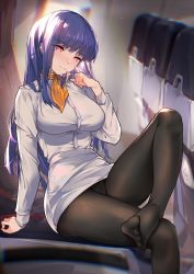 Rule 34 | 1girl, absurdres, asagami fujino, black pantyhose, blue hair, breasts, chair, crossed legs, eyebrows hidden by hair, fate/grand order, fate (series), feet, flight attendant, foot focus, highres, indoors, kara no kyoukai, large breasts, liu zhao, long hair, looking at viewer, pantyhose, pencil skirt, purple hair, red eyes, ribbon, shirt, sitting, skirt, smile, solo, toes, travel attendant, uniform, white shirt