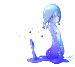 Rule 34 | arched back, ass, blue hair, blue skin, blush, colored skin, extra arms, flat chest, migiri, monster girl, no nipples, pink eyes, red eyes, simple background, slime girl, smile