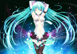 Rule 34 | 1girl, aqua hair, armpits, arms behind head, arms up, binary, breasts, bridal gauntlets, expressionless, glowing, hatsune miku, hatsune miku (append), highres, itaya saaya, long hair, looking at viewer, navel, necktie, one eye closed, red eyes, solo, standing, thighhighs, twintails, very long hair, vocaloid, vocaloid append, wallpaper, wink