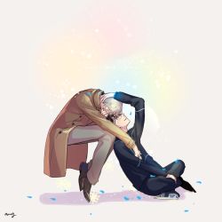 Rule 34 | 2boys, amg (nwmnmllf), black hair, blue-framed eyewear, brown eyes, coat, english text, floating, glasses, hand on another&#039;s chest, hand on another&#039;s head, ice skates, indian style, katsuki yuuri, male focus, multiple boys, petals, silver hair, sitting, skates, smile, sparkle, track suit, viktor nikiforov, yuri!!! on ice