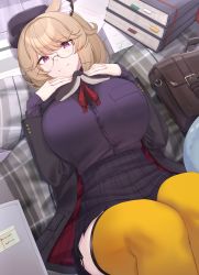 Rule 34 | 1girl, absurdres, animal ear fluff, animal ears, arknights, black skirt, book, breasts, glasses, hair ornament, hairclip, hat, highres, jacket, kanta (kanta 077), large breasts, looking at viewer, lying, neck ribbon, official alternate costume, on back, pleated skirt, purple eyes, red ribbon, ribbon, shirt, skirt, smile, solo, thighhighs, utage (arknights), utage (disguise) (arknights), yellow thighhighs