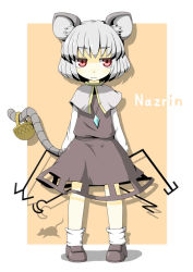 Rule 34 | 1girl, animal ears, basket, character name, child, dowsing rod, female focus, gem, grey hair, hecchi (blanch), holding, holding with tail, jewelry, jitome, loafers, mouse (animal), mouse ears, mouse tail, nazrin, necklace, pendant, pink eyes, prehensile tail, shadow, shirt, shoes, short hair, skirt, skirt set, socks, solo, standing, tail, touhou, vest, white socks