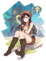 Rule 34 | 1girl, barrel, black hair, boots, breasts, brown eyes, chibi, cleavage, cloud strife, cowboy boots, cowboy hat, crop top, dated, earrings, final fantasy, final fantasy vii, gloves, hat, highres, jewelry, miniskirt, nibelheim, ohse, open mouth, sitting, skirt, sleeveless, solo, square enix, swept bangs, thought bubble, tifa lockhart, tifa lockhart (cowgirl), vest, water tower