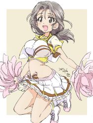 Rule 34 | 1girl, :d, alternate costume, artist name, bad id, bad twitter id, beige background, boots, bow skirt, cheerleader, coco&#039;s, commentary, cross-laced footwear, dated, double horizontal stripe, erakin, freckles, frilled skirt, frills, full body, girls und panzer, grey eyes, grey hair, hair tie, highres, holding, holding pom poms, jacket, jumping, legs up, long hair, looking at viewer, midriff, miniskirt, navel, open mouth, outside border, piyotan (girls und panzer), pleated skirt, pom pom (cheerleading), pom poms, ponytail, shirt, short sleeves, signature, sketch, skirt, smile, socks, solo, traditional media, white footwear, white shirt, white skirt, white socks, wristband, yellow jacket