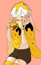 Rule 34 | 1boy, banana peel, bike shorts, cape, cheese, eating, closed eyes, food, burger, highres, holding, holding food, ketchup, lettuce, male focus, multicolored hair, original, pink background, shinagire, short hair with long locks, simple background, sitting, solo, tomato, white hair